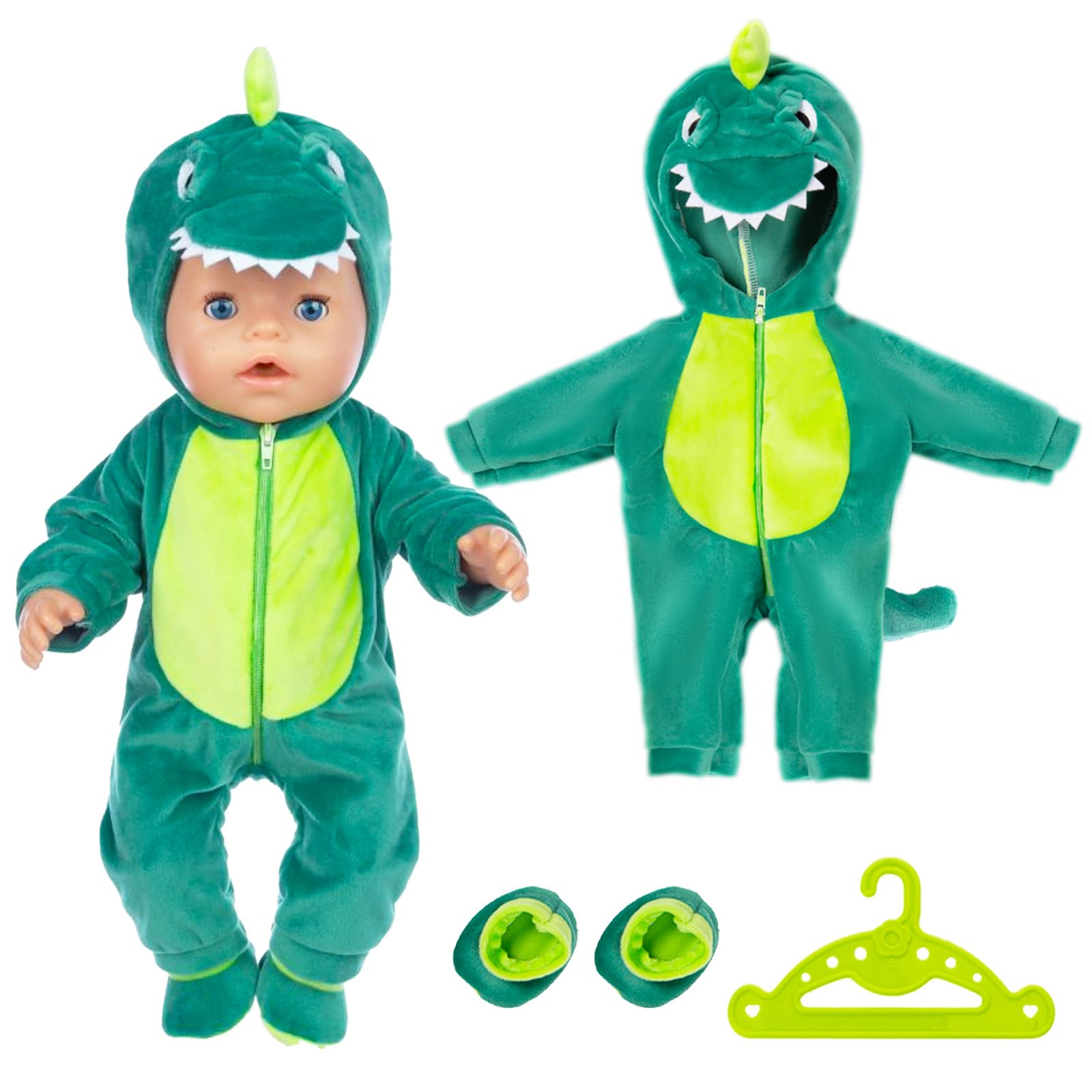 Baby Doll Dinosaur Clothes for 14-17 Inch / 35-43cm Newborn Baby Dolls Clothes Outfits Reborn Baby Doll Outfits Long Sleeve Overalls with Hanger Socks Hat Green