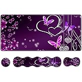 Upgraded Extended Gaming Mouse Pad, Keyboard Wrist Rest Pad, Wrist Support Mousepad Set, Artso Large Rubber Base Stitched Edges, Multifunctional Desk Pad (35 x15.5 in), Purple Heart Butterfly