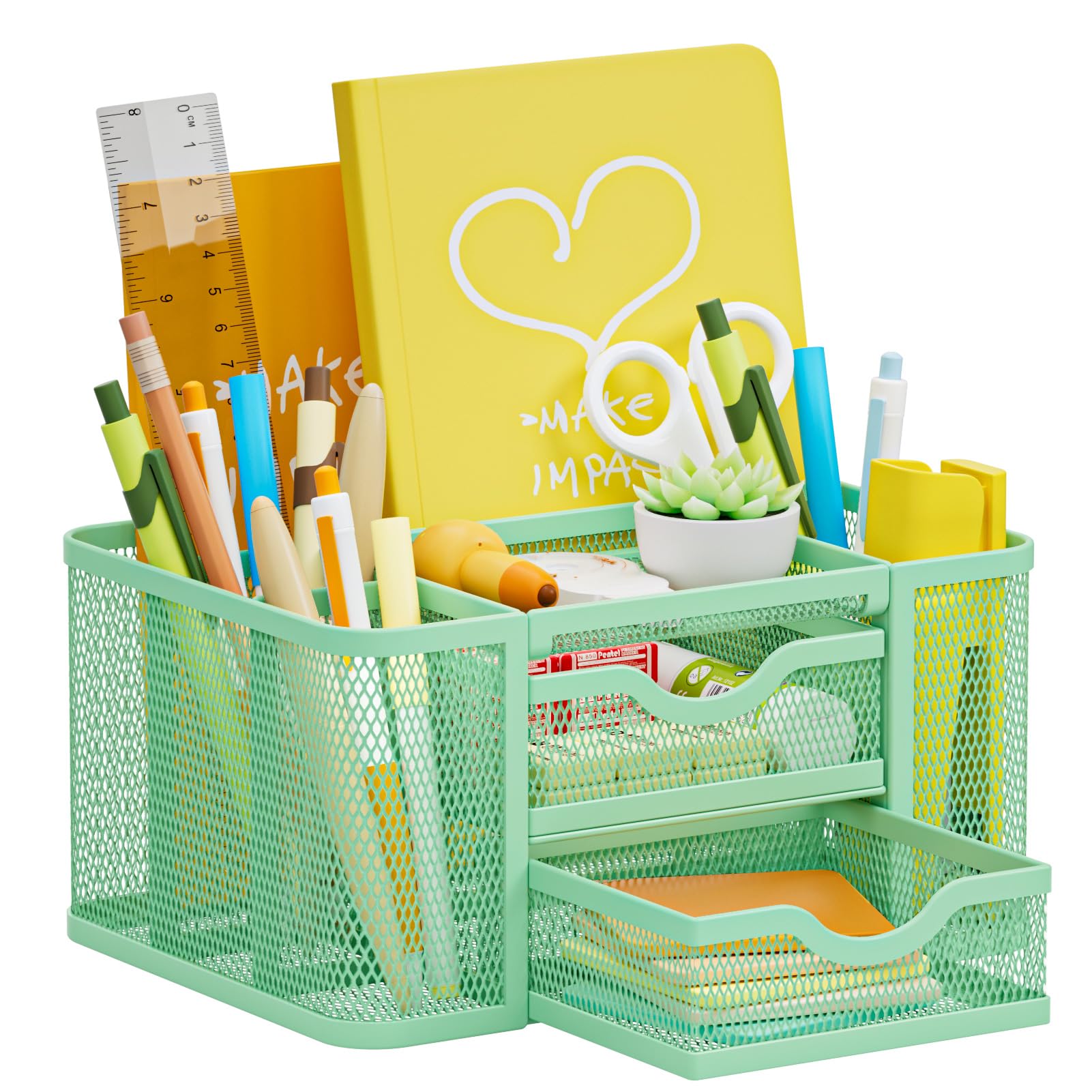 Photo 1 of Marbrasse Mesh Desk Organizer, Pen Organizer with 2 Drawer, Multi-Functional Pencil Holder, Desk Organizers and Accessories with 5 Compartments + Drawer for Office Art Supplies (Green)