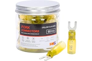 HKS 60PCS Fork Connector #10 Yellow 12-10 Gauge - Heat Shrink Spade Fork Wire Connectors Kit - Tinned Red Copper - Automotive Marine Crimp Connectors - Waterproof and Insulated Terminals