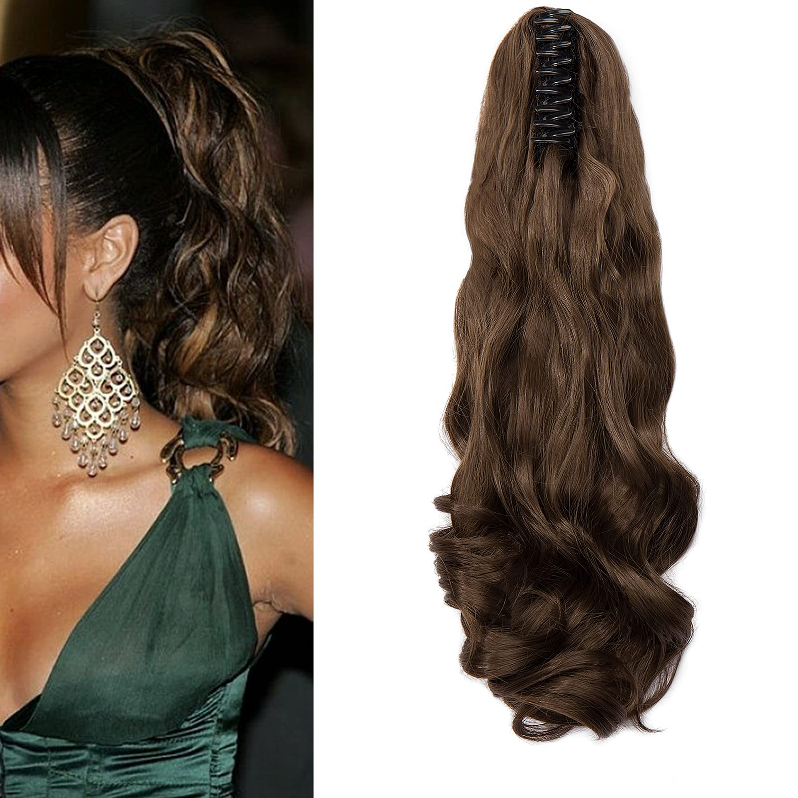 Cybelleza Ponytail Extension Curly Wavy Claw Jaw Pony Tail One Piece Clip in Hair Extensions Hairpiece Synthetic Long Natural for Women (Chestnut Brown)