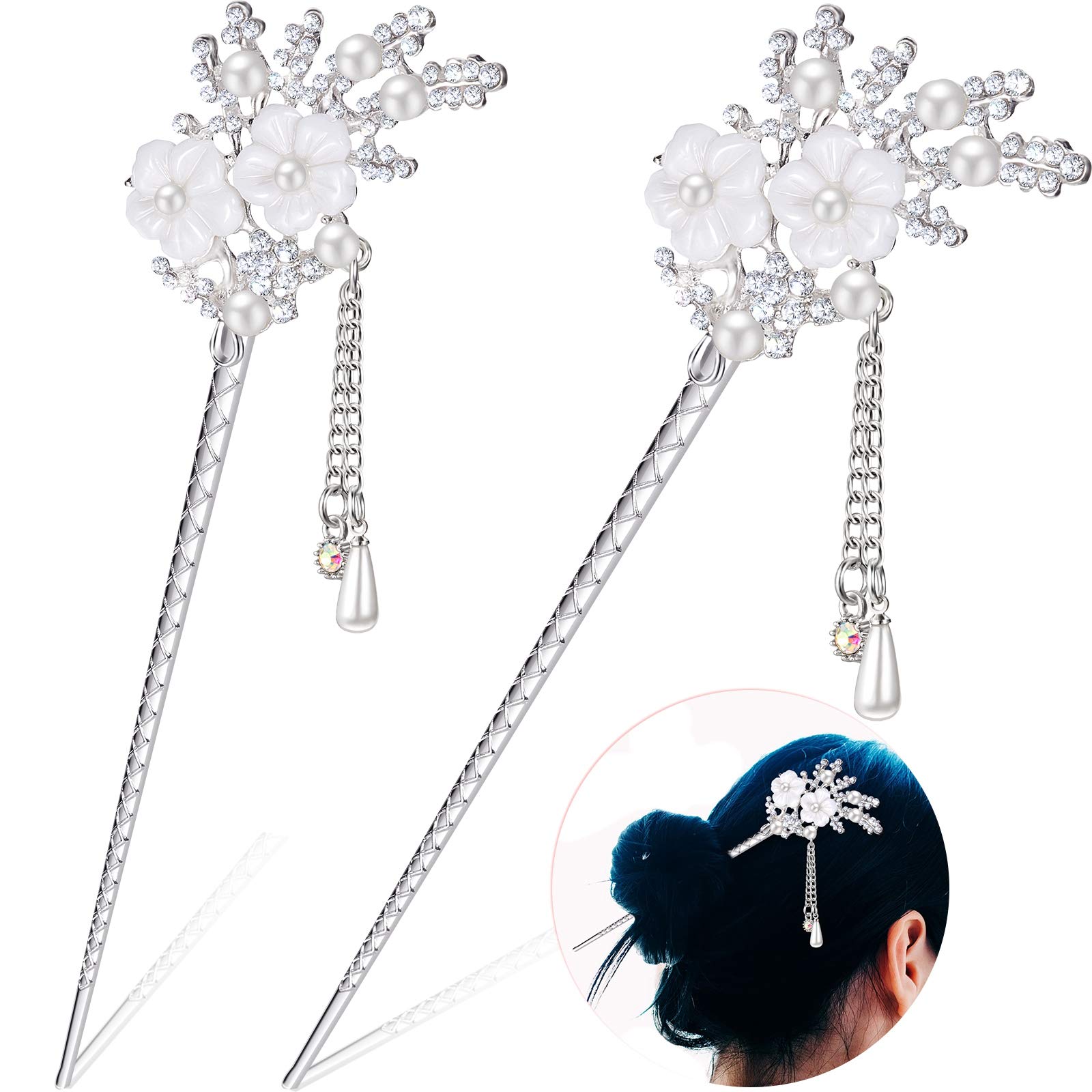 Photo 1 of 2 Pieces Rhinestone Pearl Flower Hair Stick Vintage Chinese Hair Chopsticks Vintage Tassel Hair Pin Chignon Pin Chopsticks Hair Styling Hair Making Accessories for Women (Silver)
