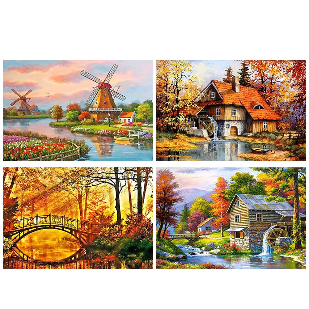 DCIDBEI 5D DIY Diamond Painting Scenery Set of 4 40x50 cm Diamond Painting Landscapes Nature Diamond Pictures Art Bridge Rhinestone Cross Stitch Landscape Autumn Painting Landscape Windmill Holland