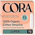 Cora Organic Applicator Tampons | Super Absorbency | 100% Organic Cotton, Unscented, BPA-Free Compact Applicator | Leak Protection | Packaging May Vary | 72 Total