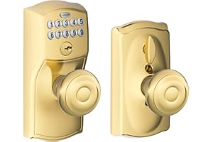 Schlage Camelot Keypad Lock with Knob, Electronic Keyless Door Entry, Flex Auto‑Lock Option, Bright Brass, FE595 CAM 505 GEO