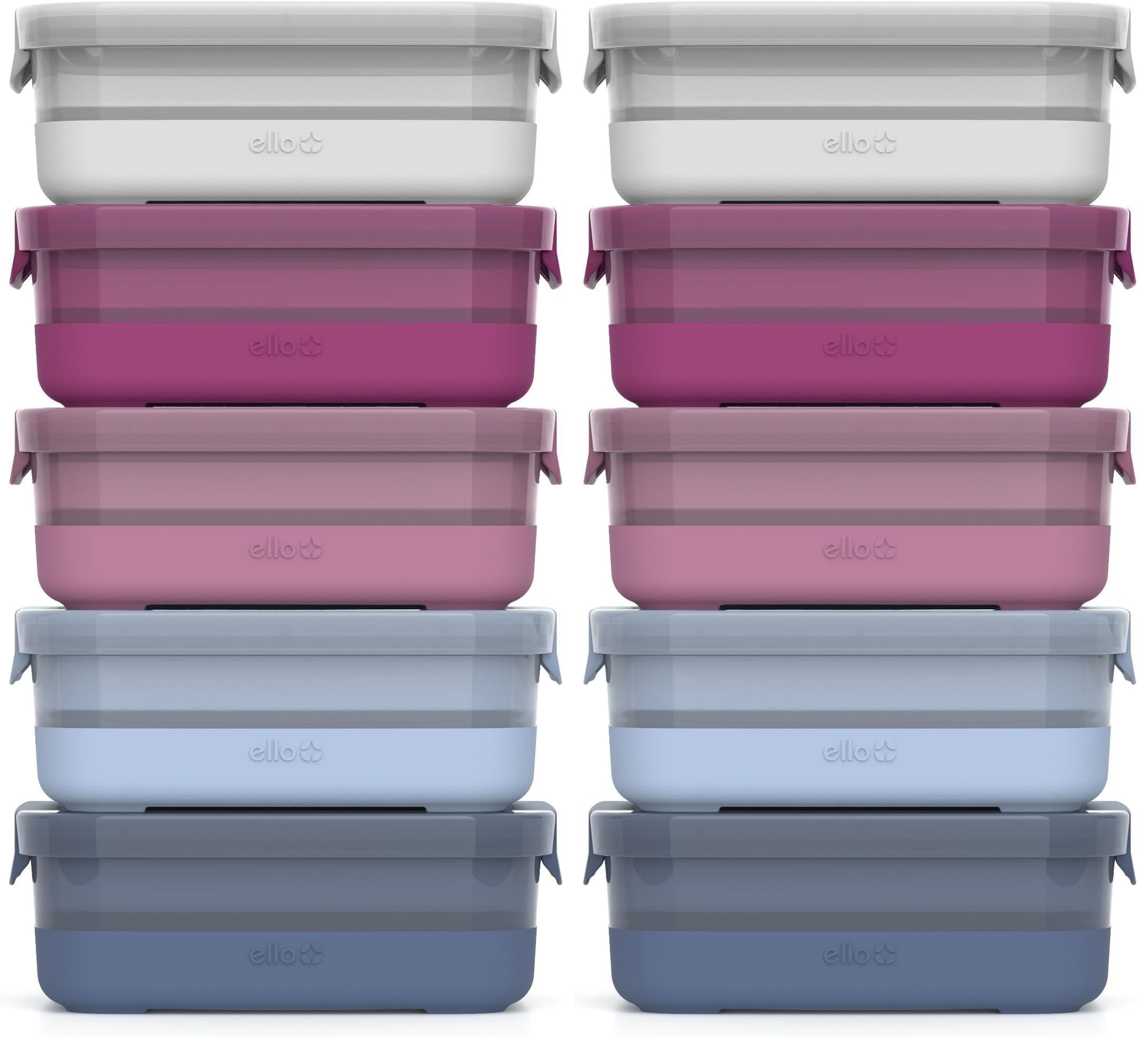 Ello Plastic 3.7 Cup Meal Prep Set 10 Pc, BPA Free Plastic Food Storage Container with Silicone Boot and Airtight Lids, Dishwasher, Microwave, and Freezer Safe, Elderberry (Pack of 2) Image