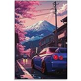 FeoYoed Wall Art Posters Anime Jdm Car R34 Mount Fuji Cherry Blossoms Modern Aesthetic Decor Prints for Bedroom Living Room Office with Premium Fade Resistant Canvas 12x18inch(30x45cm)