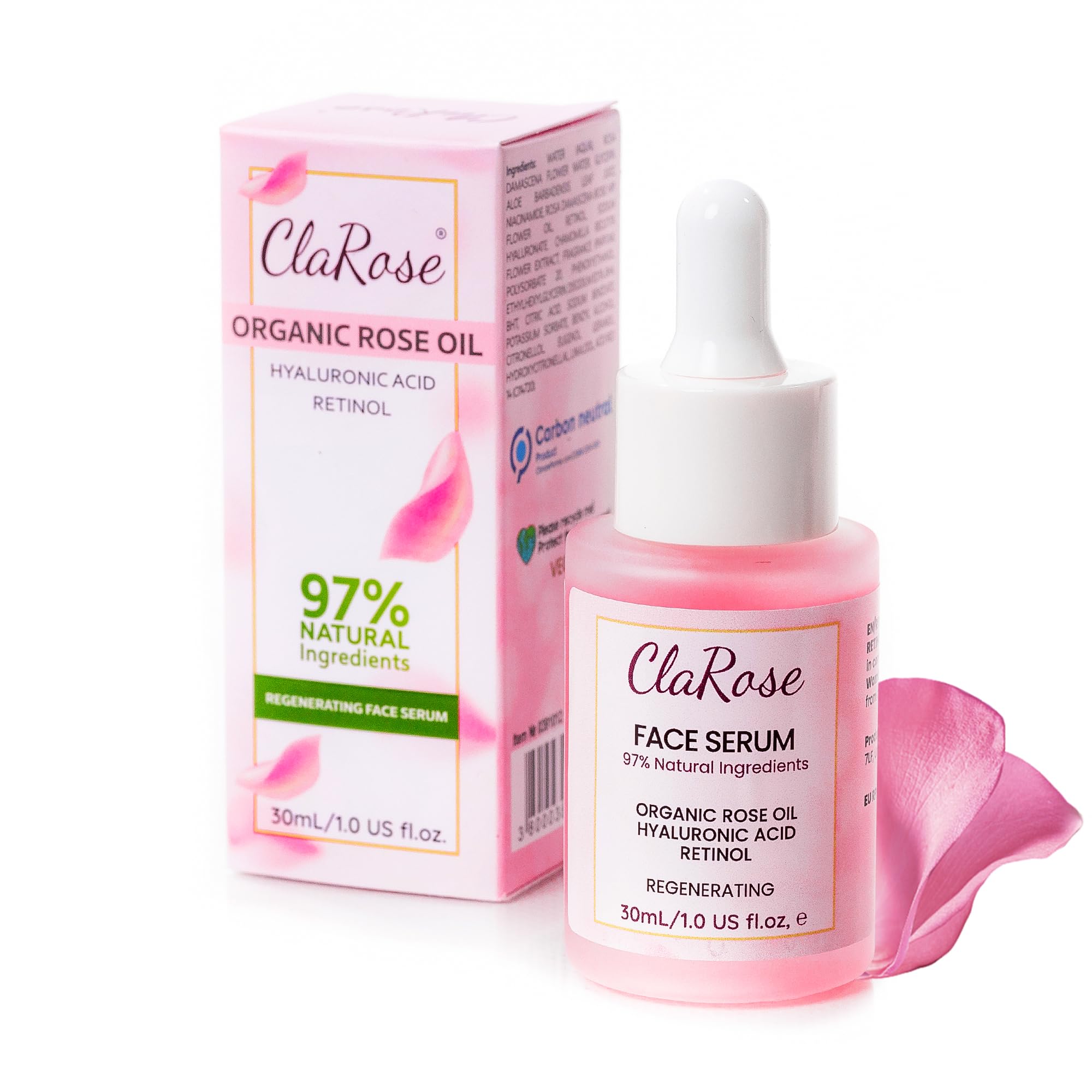 ClaRose Hyaluronic acid Anti-ageing Face Serum with Organic Rose oil and Retinol made with 97% natural ingredients, 30ml