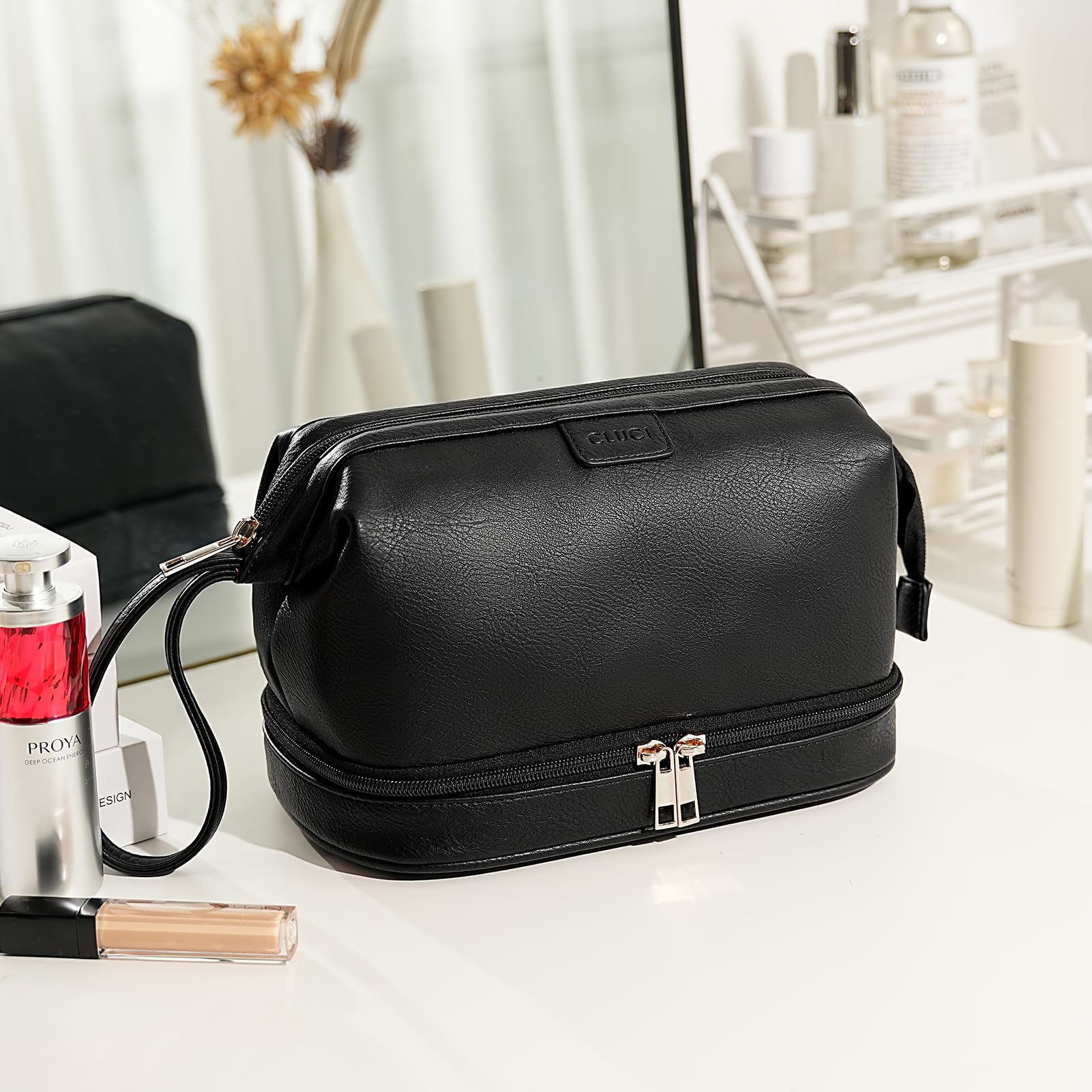 CLUCI Travel Makeup Bag, Double Layer Cosmetic Bag for Women, Large Capacity Makeup Organizer, Portable PU Leather Cosmetic Travel Bags,Water-resistant Traveling Toiletry Bag for Women and Girls