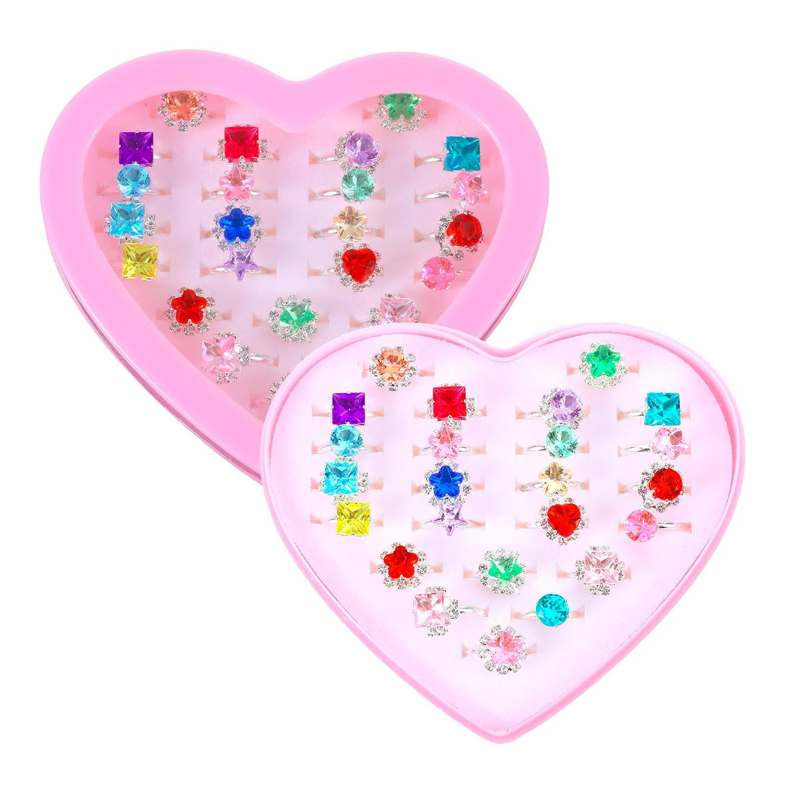 24 Pcs Girls Rhinestone Rings Set, Adjustable Rings for Kids, Princess Jewelry with Heart Box, Random Colors and Style Kids Ring for Little Girls, Toddler Ring for Birthday Pretend Play Dress Up