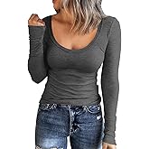 Roselux Women Long Sleeve Scoop Neck Ribbed Fitted Knit Shirt Basic T-Shirts
