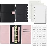 Koqye A7 Leather Binder 6-Ring with Zipper Pocket, Include Dividers & Refills Stickers, Black Refillable Planner Cover with Pockets (Black & Pink)