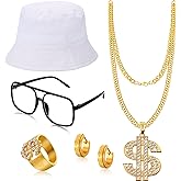 SATINIOR 80s 90s Hip Hop Costume Outfit Kit, 5 Pcs Dollar Chain Necklace Ring Bucket Hat Glasses Earring for Rapper Men Women