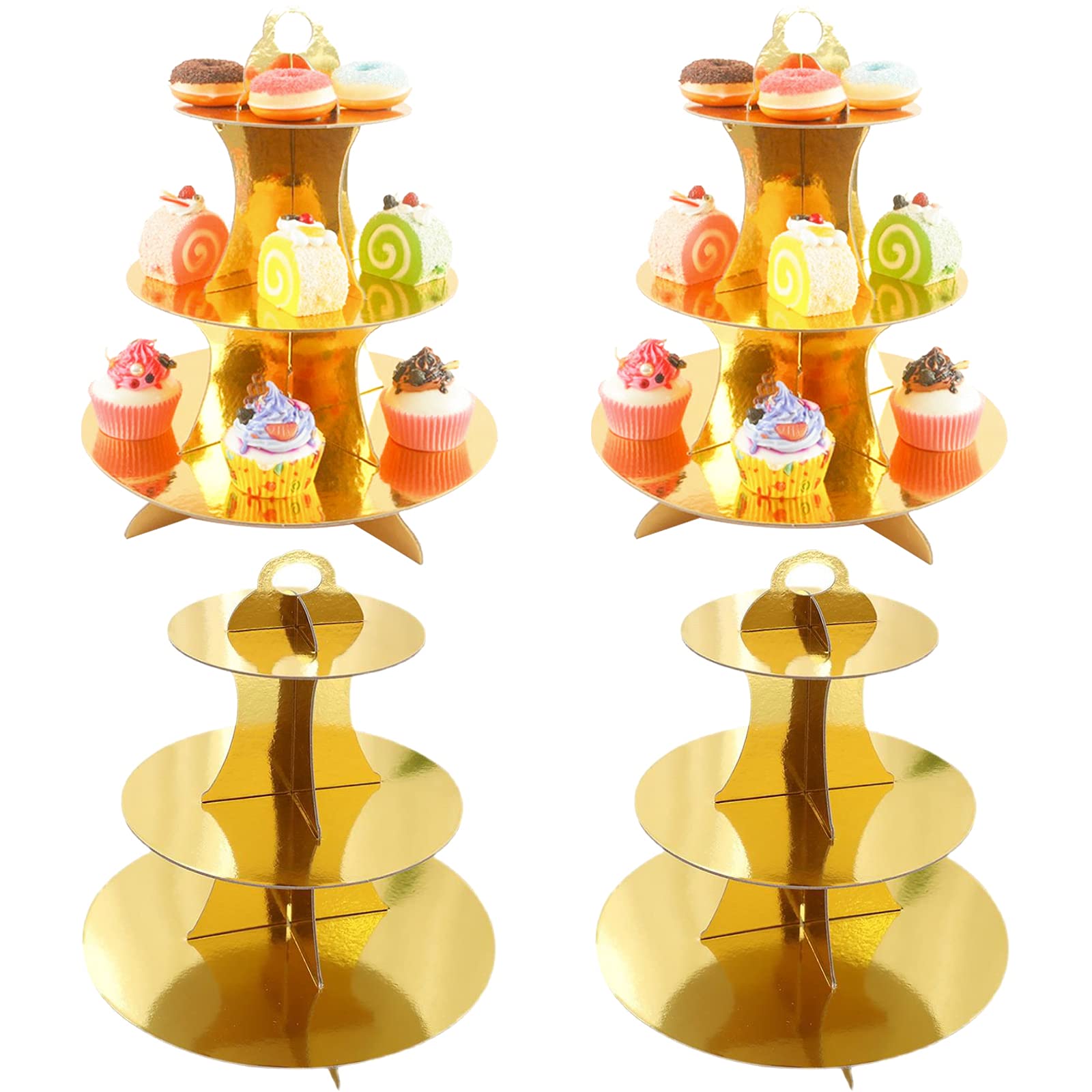 WUWEOT Pack of 4 Round Cardboard Cupcake Stand, 3-Tier Gold Cupcake Holder for Wedding, Birthday Party, Baby Shower and Graduation