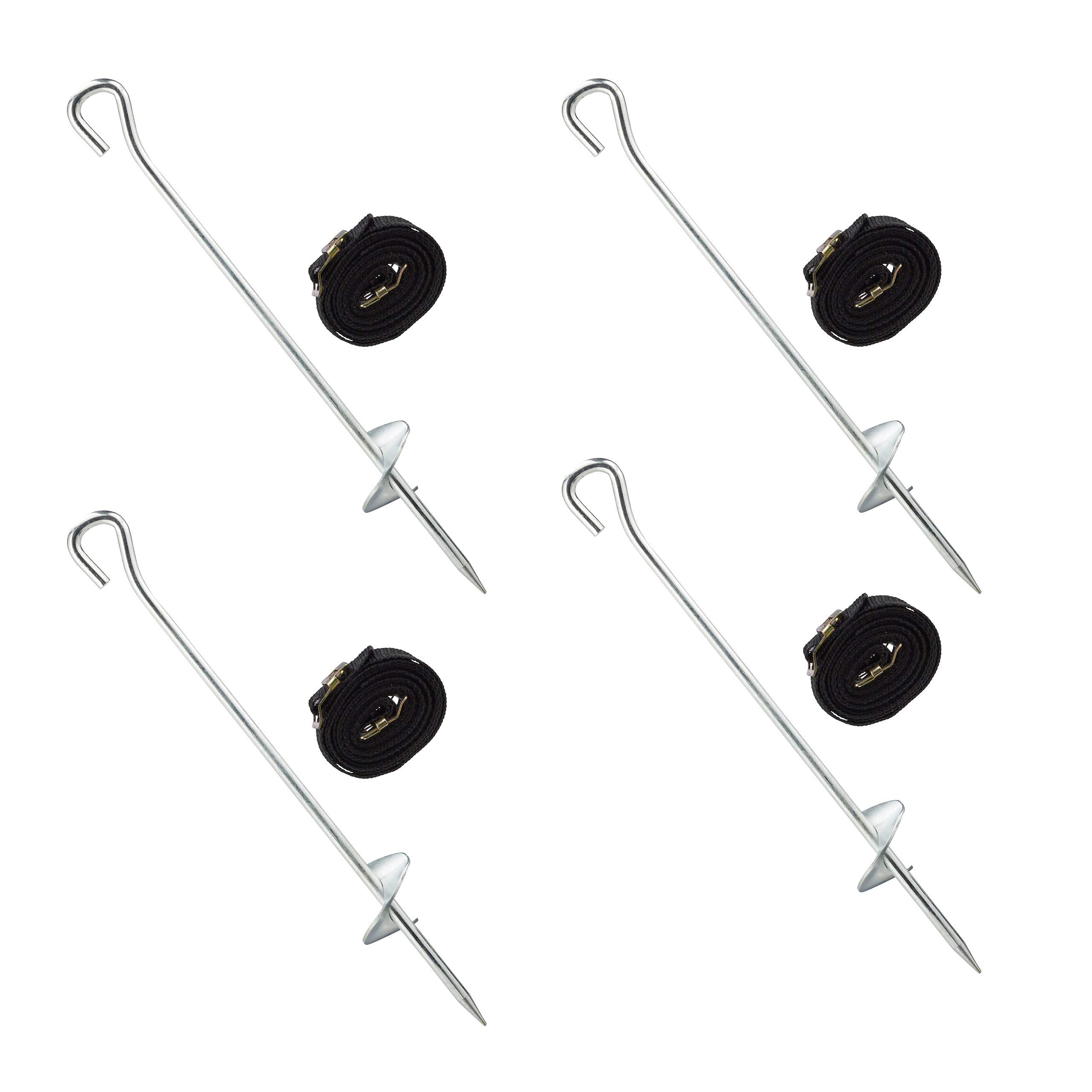 Relaxdays Set of Pegs for Trampolines, Straps and Anchor for Floor, Galvanized Steel, Black and Silver