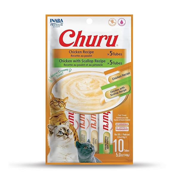 INABA CHURU CAT TREATS, GRAIN-FREE, LICKABLE, SQUEEZABLE CREAMY PURÉE CAT TREAT/TOPPER WITH VITAMIN E & TAURINE, 0.5 OUNCES EACH TUBE, 10 TUBES TOTAL/TWO FLAVORS, CHICKEN VARIETY