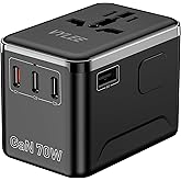 Universal Travel Adapter, VYLEE 70W International Plug Adapter with PD Fast Charging, 5-Port (1 AC/1 USB-A/3 USB-C), Wall Charger Worldwide Travel Essentials Plug for USA EU UK AUS Japan (Black)