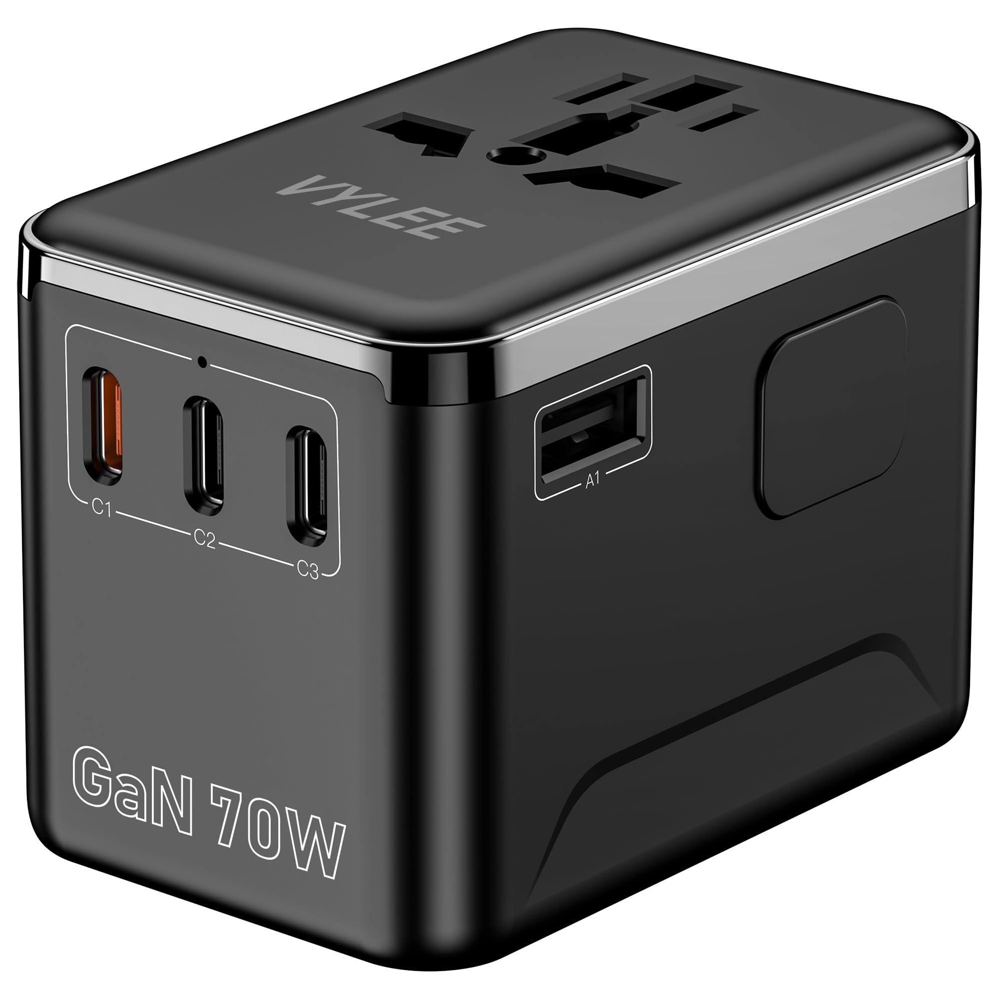 Universal Travel Adapter, VYLEE 70W International Plug Adapter with PD Fast Charging, 5-Port (1 AC/1 USB-A/3 USB-C), Wall Charger Worldwide Travel Essentials Plug for USA EU UK AUS Japan (Black) Image