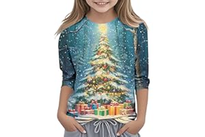 Girls Christmas Shirts 3 4 Sleeve Shining Star Tree Xmas Print Holiday Graphic Tops Crewneck Casual Pullover Tee