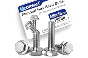USDRWAM 15 Pack M6-1.0 × 16mm Flange Bolt, Full Thread 304 Stainless Steel Serrated Hex Head Bolts for Machinery, Automotive, and Equipment Assembly