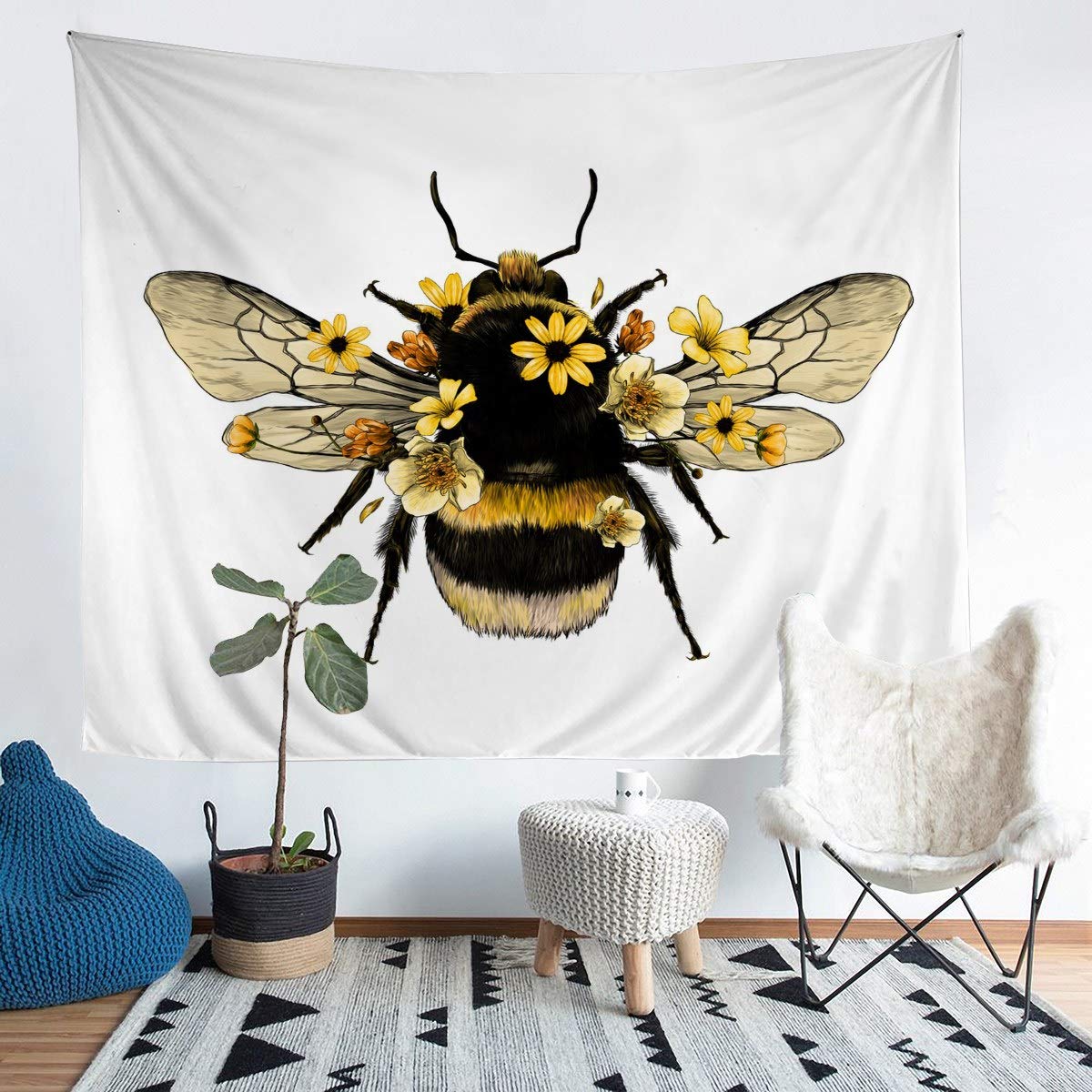 Cute Bee Tapestry for Kids Boys Girls Social Insects Print Tapestries Wall Hanging Blossom Flowers Wall Blanket 3D Bee Printed Bedding Throw Blanket,Wall Art Medium 51x59