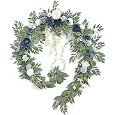 Ling's moment Dusty Blue Artificial Flower Garland Wedding Arch 9 FT | White Rose &amp; Eucalyptus , Greenery, Sweetheart Table Decor, Floral Garland for Mantle, Centerpieces, Backdrop