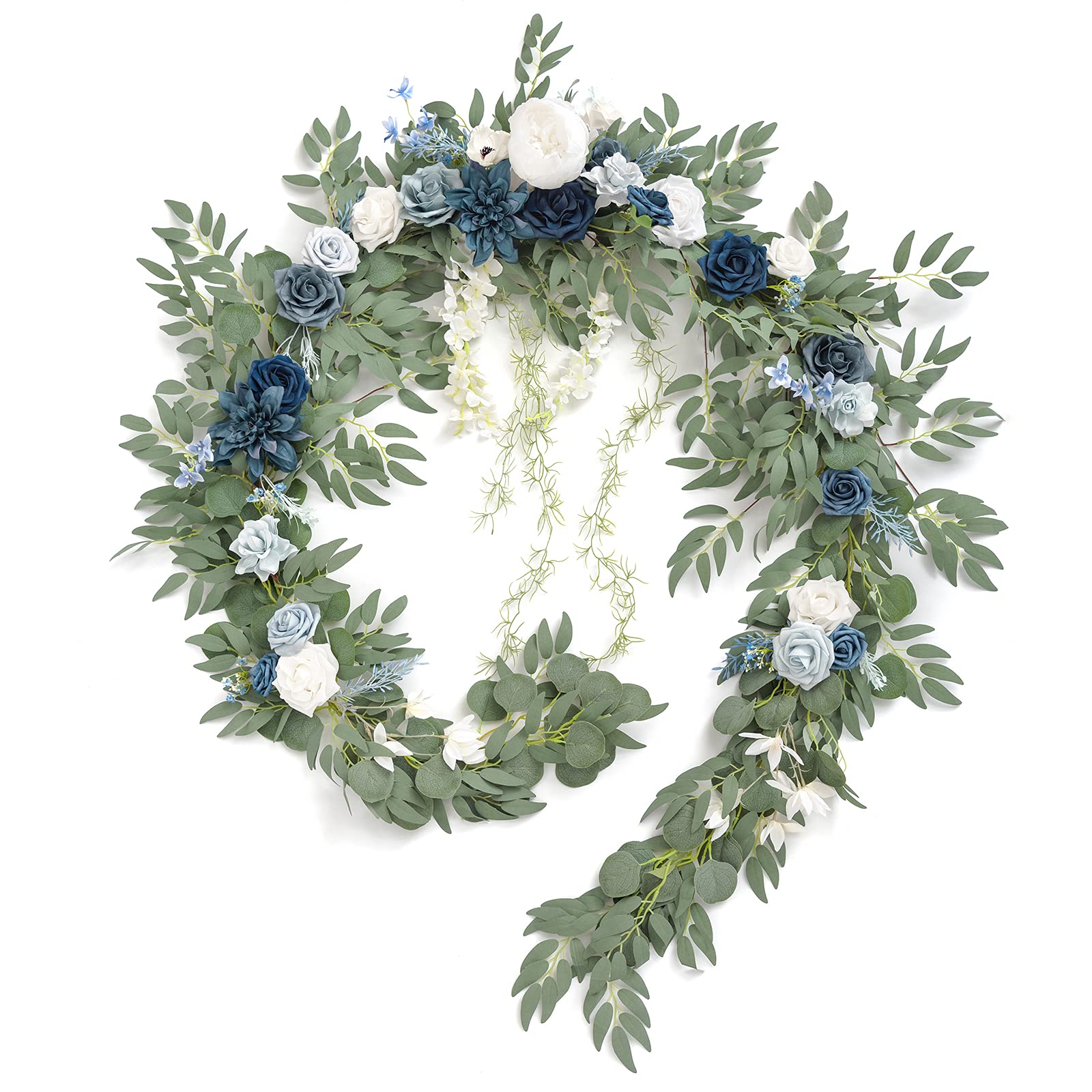 Photo 1 of Ling's Moment 9FT Spring Flower Garland- Wedding Arch Flowers for Backdrop Decoration, Eucalyptus & Rose, Artificial Floral Garland for Mantle - Sweetheart Head Table Decor for Reception, Dusty Blue