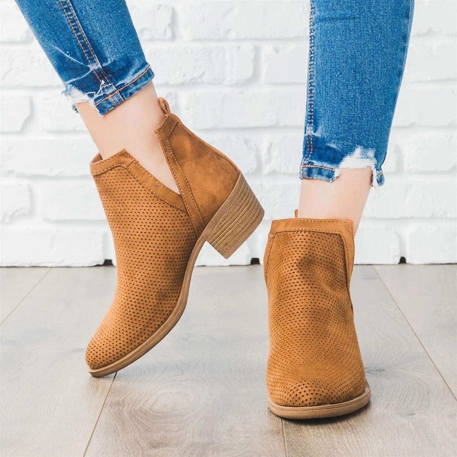 Womens Perforated Cutout Fall Booties Chunky Block Heels Slip on Ankle Short Boots - Image 3
