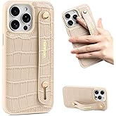 Hanman for iPhone 15 Pro Max Leather Case with Adjustable Wristband Strap Kickstand,Hand Strap Leather Case for iPhone 15 Pro Max,Crocodile Leather Wristband Kickstand Case for iPhone 15 Pro Max-Beige