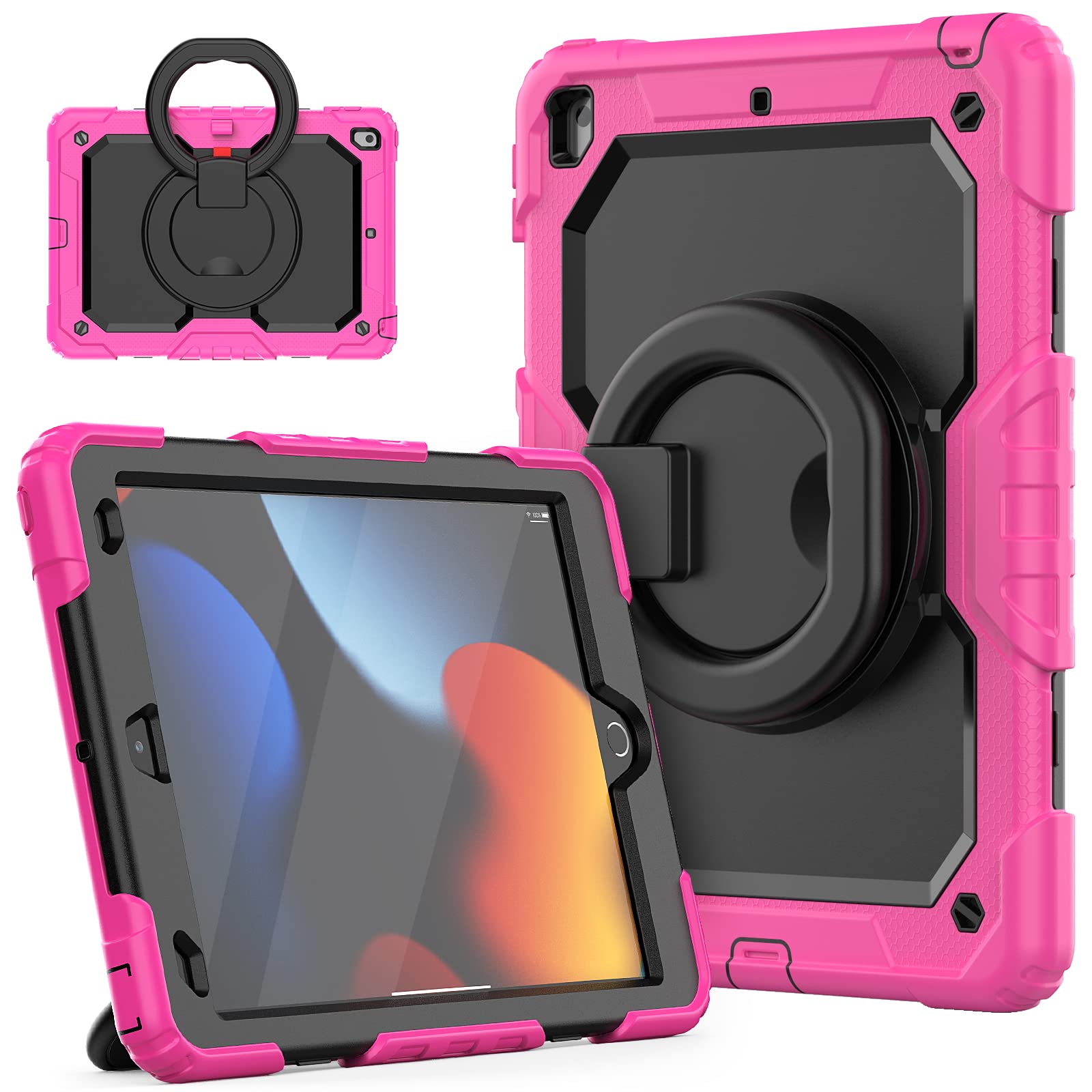 HUEZOE iPad 10.2 Inch Case, 2021/2020/2019 Model Shockproof Full Body Protective Cover with 360 Degree Swivel Stand Shoulder Strap for iPad 9/8/7, Rose Red