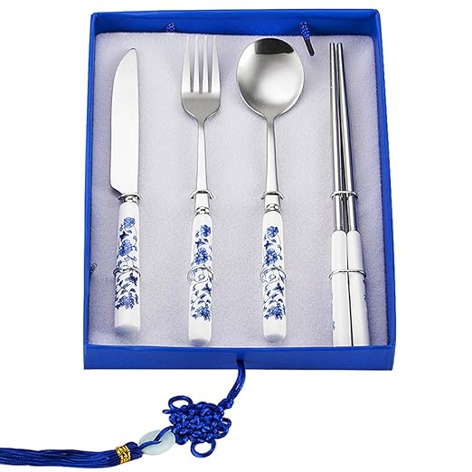 title=AKUNSZ Set Posate Acciaio Inox Cucchiaio Forchetta Coltello Bacchette Cinesi di