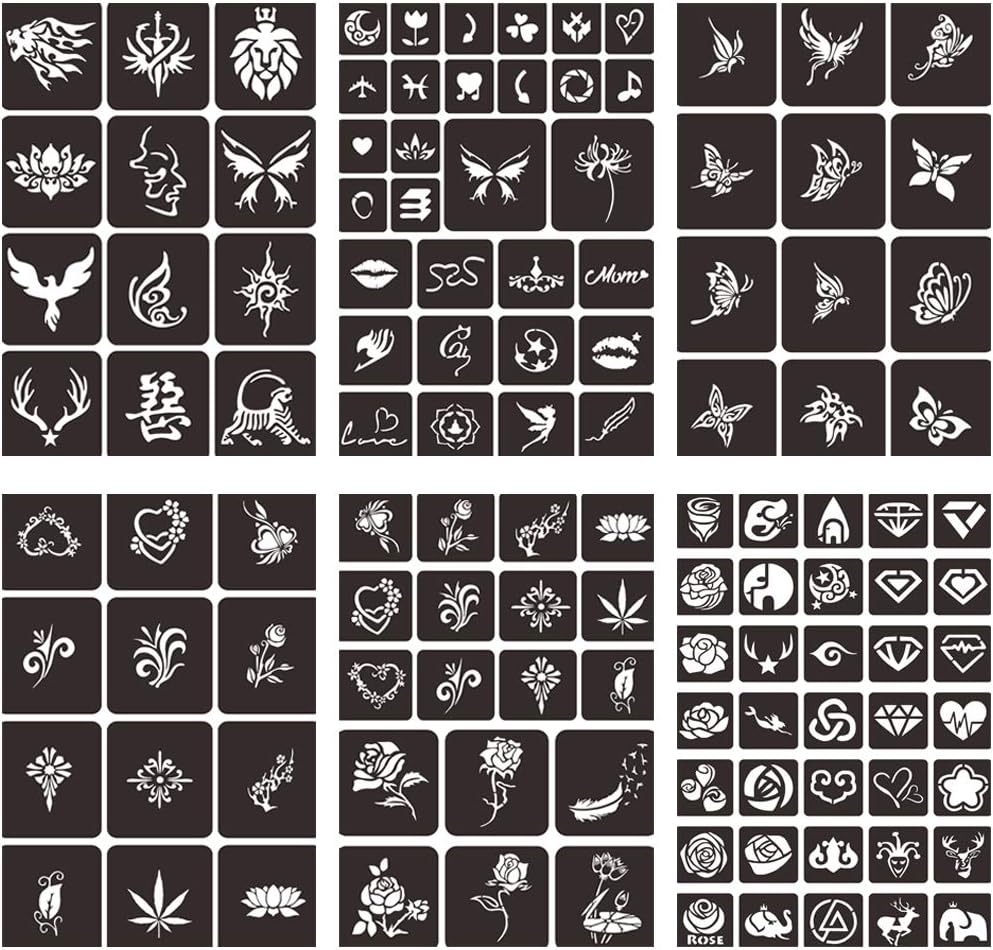 Henna Glitter Tattoo Stencils Kit Body Face Paint Stencils for Kids Body Glitter Art Temporary Tattoo Stencils 6 Sheets Animal Rose Flower Butterfly Templates Reusable Adhesive Body Airbrush Stencils