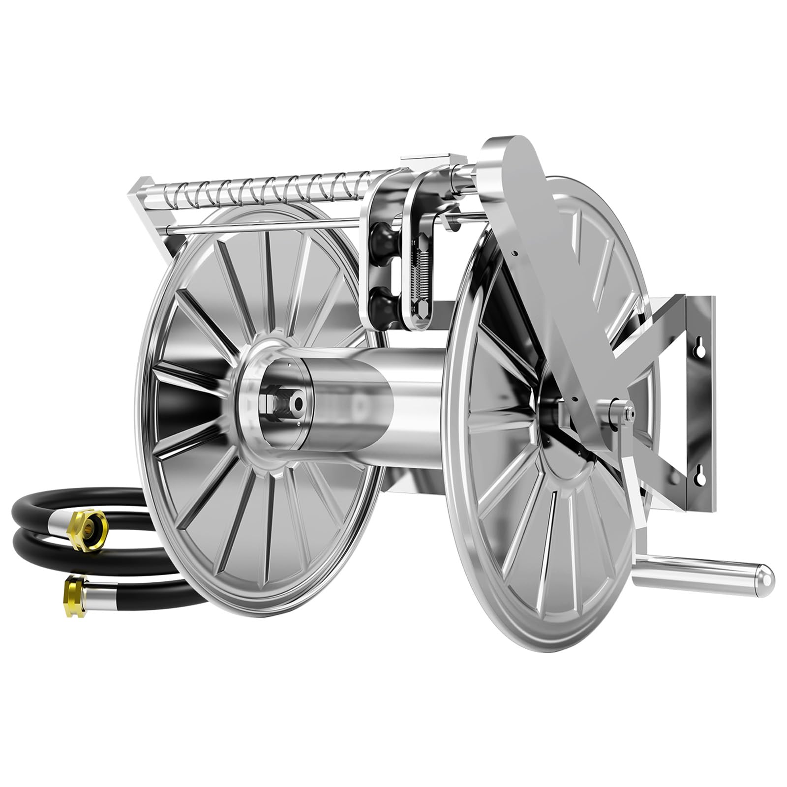 Photo 1 of M METERXITY Stainless Steel Garden Hose Reel, Wall Mount Water Hose Holder, 150 Feet of 1/2 Inch Hoses Capacity, Hose Reels for Outside with 5 ft Inlet Hose and Crank