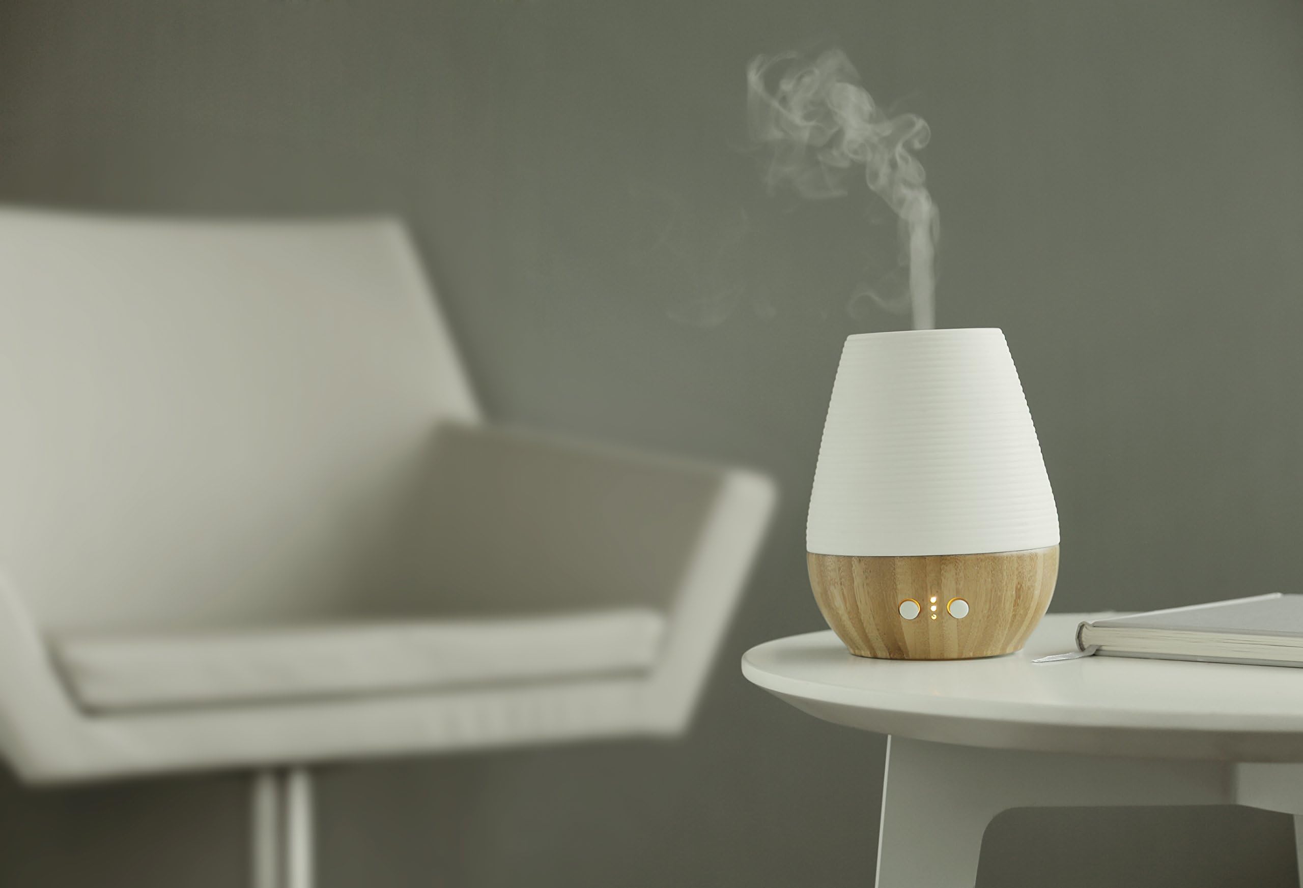 New Aroma Essential Oil Diffuser, Scent and Fragrance Aromatherapy Humidifier - Now with Handmade Ceramic, Real Bamboo, Belgian Modern Design, Timer, LED Light, Long Cord, Silent Fan
