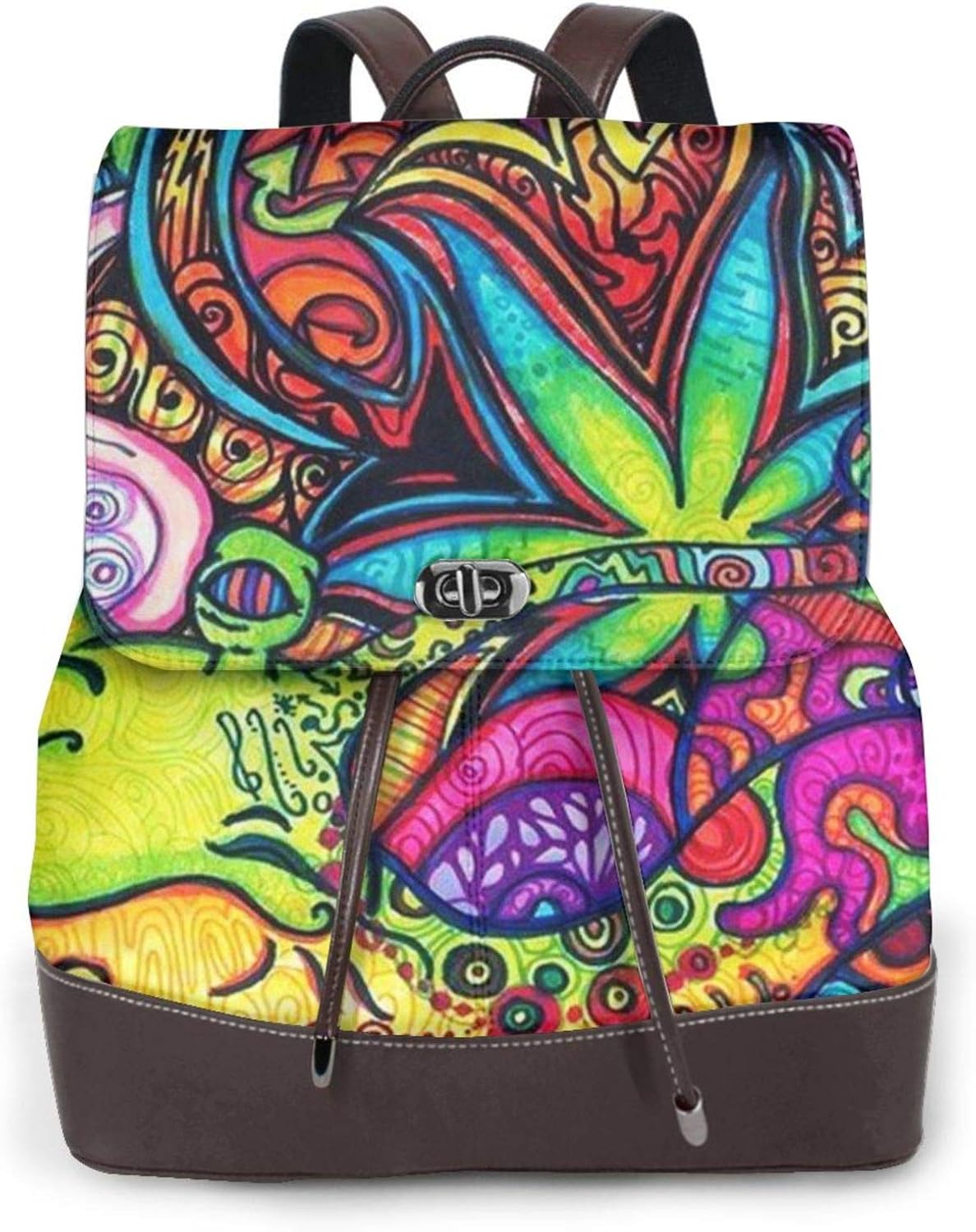 Women'S Leather Backpack,Multicolor Marijuana Leaf Weed Art