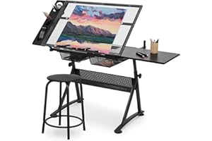 SFIHOME Drafting Table with Height Adjustable Glass Top, Drawing Table with Storage Drawers, Extendable Design, Art Desk Ideal for Drawing, Painting, Writing, Home Office, Clear Glass