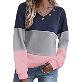 Zeagoo Women Waffle Knit Tops V Neck Long Sleeve Tunics Color Block Casual Blouse Fall Fashion 2026 Button Decor T Shirt