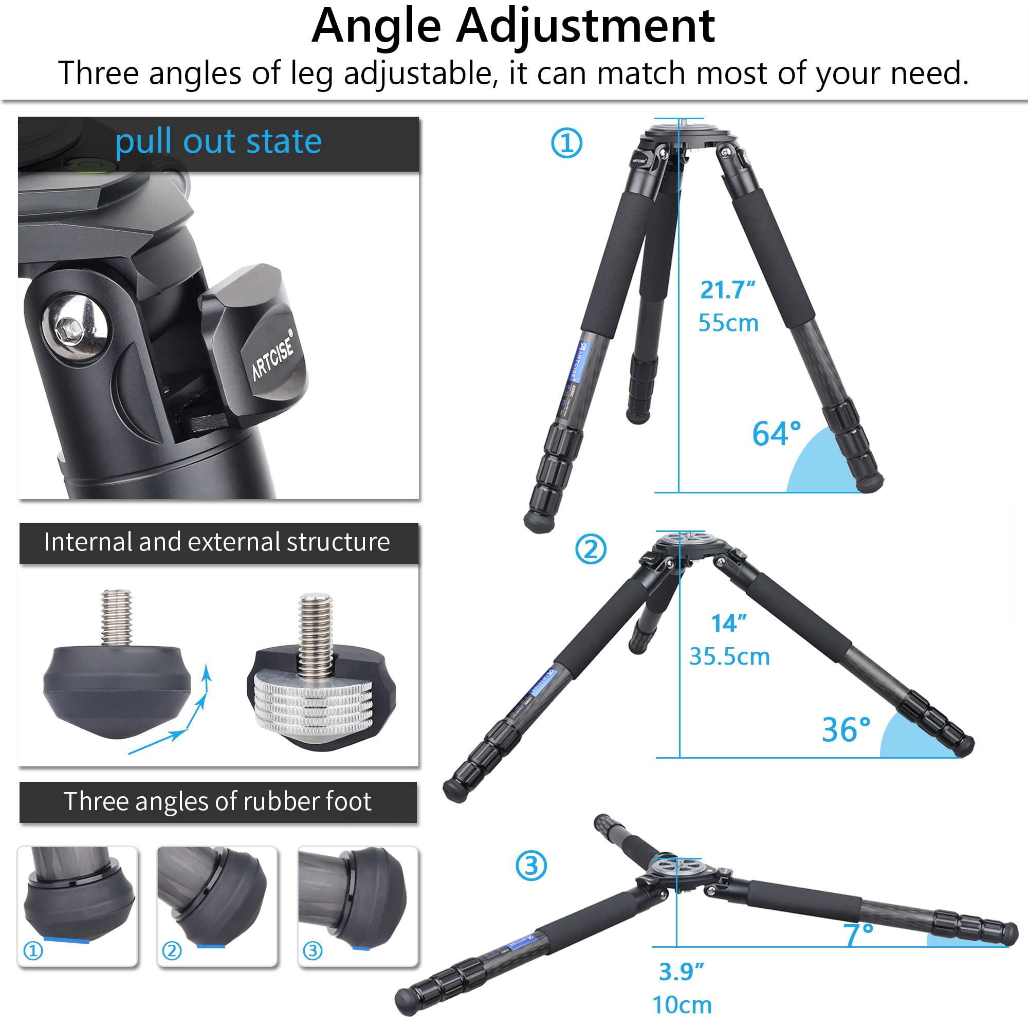 Carbon Fiber Tripod Heavy Duty Bowl Tripod ARTCISE AS90C Ultra Stable Carbon Stand with 75mm Bowl and Adapter 10 Layers Carbon Fiber 40mm Leg Tube Max Load 88 Lbs/40kg