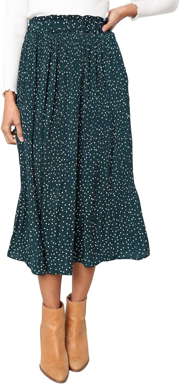 MUCOO Women's Skirt with Elastic Waist Floral Polka Dot Casual Pleated Midi Skirt with Pockets