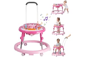 ERMEIRABBIT Baby Walker, Activity Center with Feeding Tray & Music, 9-Gear Height Adjustable Foldable Baby Walker for Boys and Girls from 6-18 Months with Push Handle, Footrest, Mute Wheels Anti-Rollover