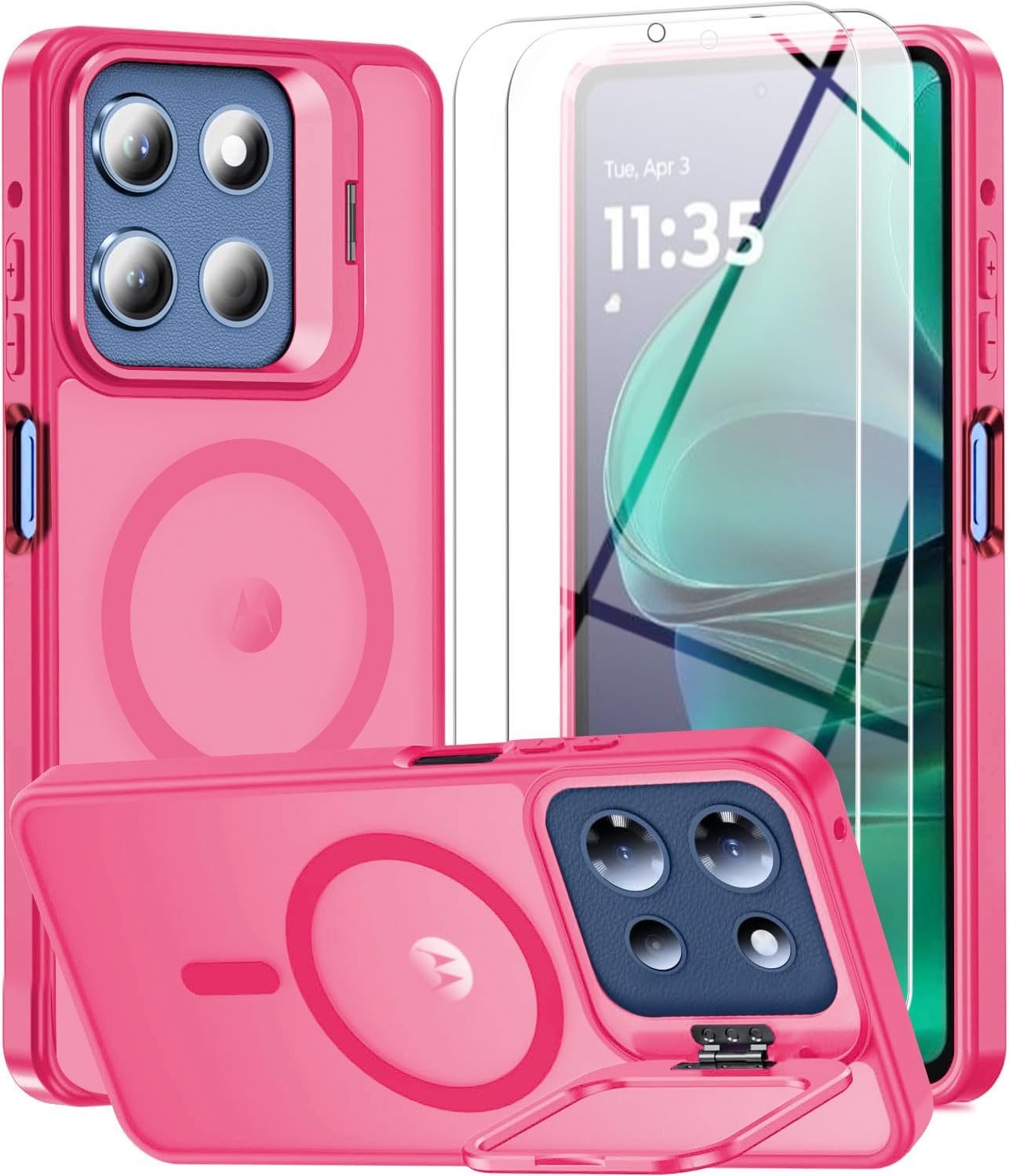 Magnetic Case for Motorola Moto G 5G 2025/ G 5G 2026/ G Play 2026,Moto G 5G 2026 Phone Case with 2X Screen Protector [Built-in Camera Ring Stand][Fit for MagSafe]Translucent Shockproof Cover,Hot Pink