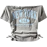 RoseSeek Girl's Off The Shoulder Letter Graphic Tees Short Sleeve Ruched Bowknot T Shirts Cute Crop Tops