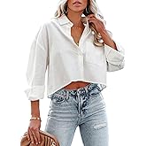 LAYOGAS Womens Crop Button Down Shirts Casual Long Sleeve Lapel Blouse with Chest Pocket Solid Color S-2XL