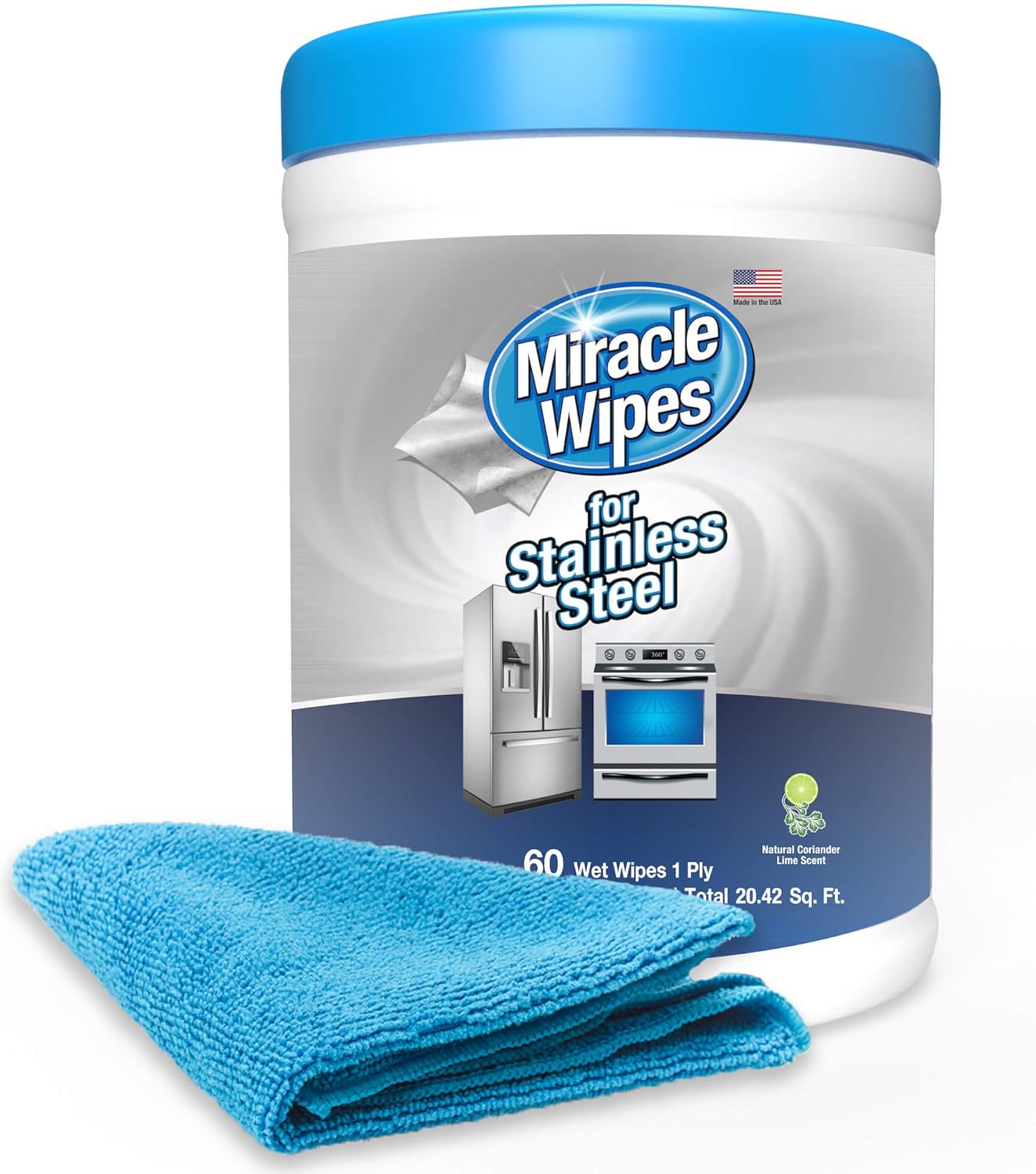 MiracleWipes for Stainless Steel, Cleaner Wipes for Kitchen and Home Appliances, Including Oven, Refrigerator, Dishwasher, Microwave, Sink, Hood, and Grill, Removes Fingerprints and Smudges, Includes Microfiber Towel - 60 Count