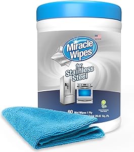 MiracleWipes for Stainless Steel, Cleaner Wipes for Kitchen and Home Appliances, Including Oven, Refrigerator, Dishwasher, Microwave, Sink, Hood, and Grill, Removes Fingerprints and Smudges, Includes Microfiber Towel - 60 Count