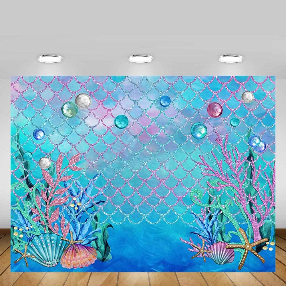 MEHOFOTO 7x5ft Under The Sea Blue Photography Backdrop Ocean Mermaid Theme Girl Birthday Party Decoration Pearls Starfish Shell Ocean Theme Baby Shower Photo Studio Booth Background Banner - Image 3