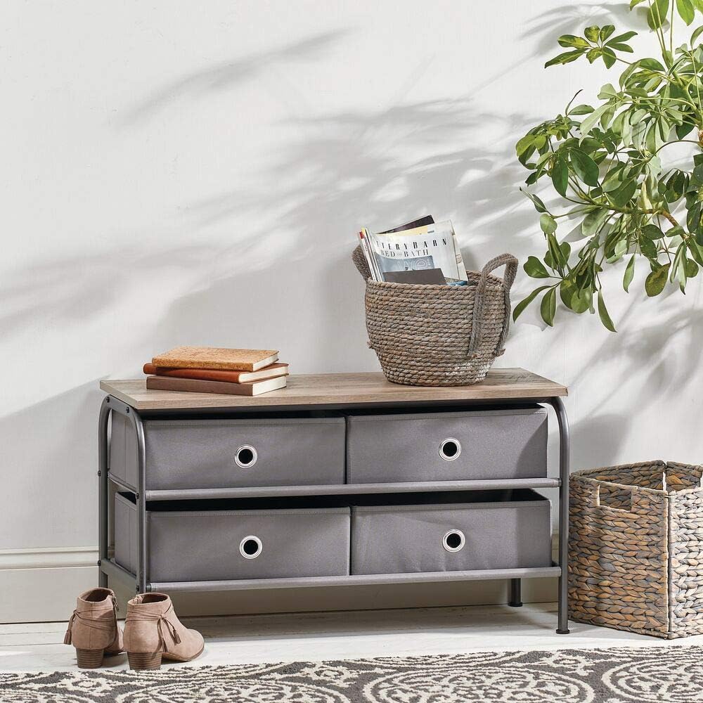 mDesign Storage Bench with 4 Drawers - Sturdy Steel Frame, Wood Top, Easy Pull Fabric Bins - Organizer Unit for Bedroom, Hallway, Entryway, Closets - Dark Gray/Gray: Home & Kitchen