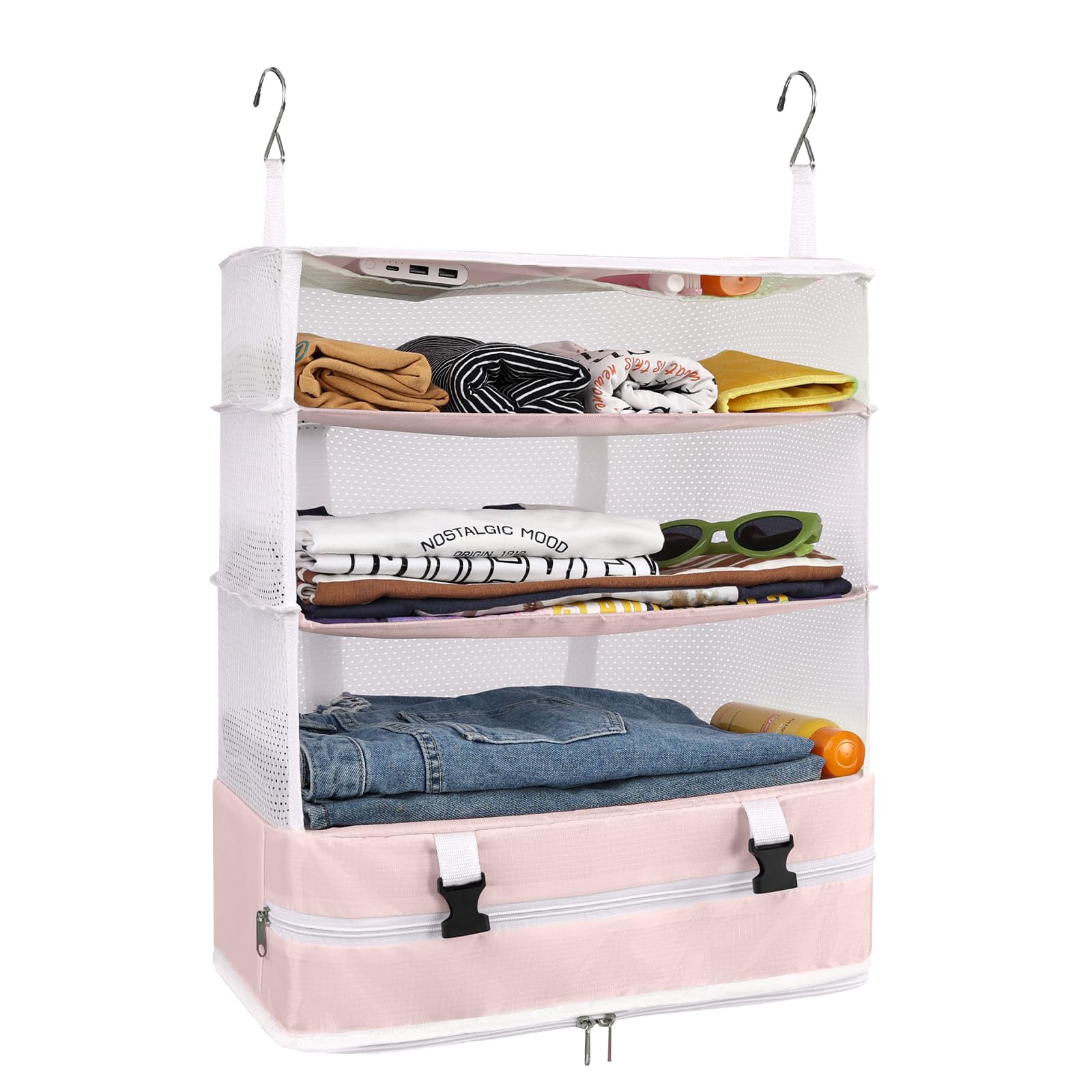 Surblue Hanging 3-Shelf Closet Organizer Pocket Collapsible Washable Oxford Fabric with 2 Hooks Pink XL