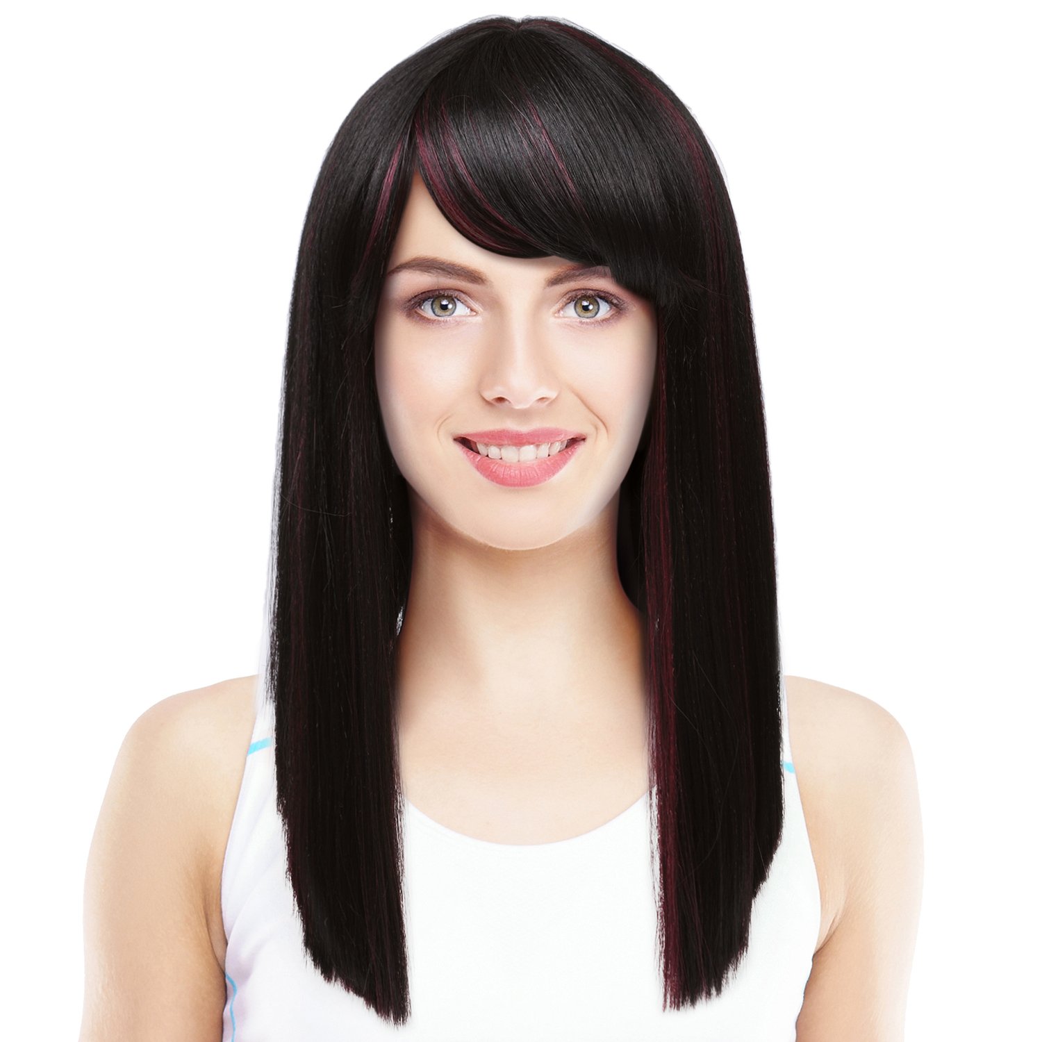 Silky Straight Wig Bangs Natural Looking Medium Length Blunt Cut