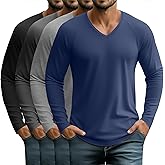 Velvelhall 4 Pcs Mens Long Sleeve V Neck Shirts Raglan Sleeve Curved Hem Tees Lightweight Casual Basic Workout T Shirts